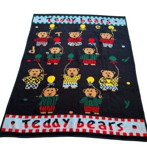 Vtg Crown Crafts Blanket Teddy Bears Balloons Colorful 60X80 Reversible